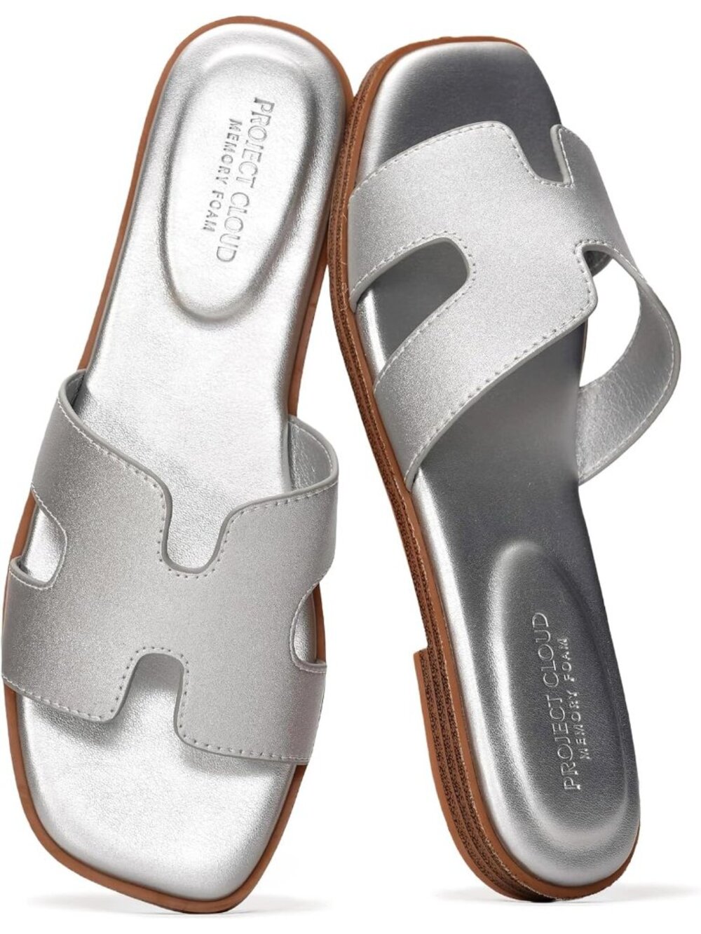 Women's Silver Genuine Leather Sandals Flat Slides Mules Memory Foam Footwear